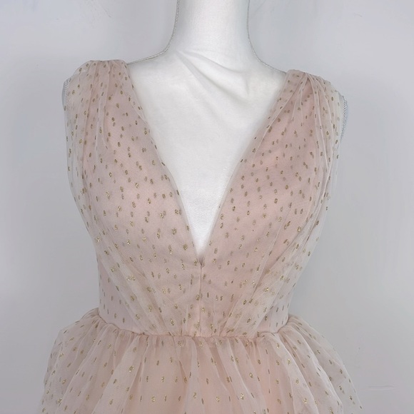 Lulu’s Blush Pink with Gold Dots Tiered Sleeveless Tulle Mini Dress. Size Small - Picture 2 of 12